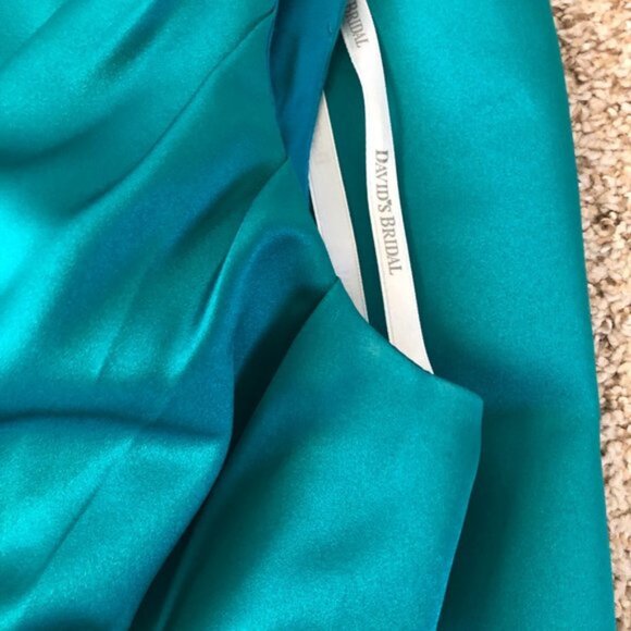David's Bridal Teal V-Neck Sleeveless Satin Bridesmaid Dress Style #81047 - Picture 11 of 12
